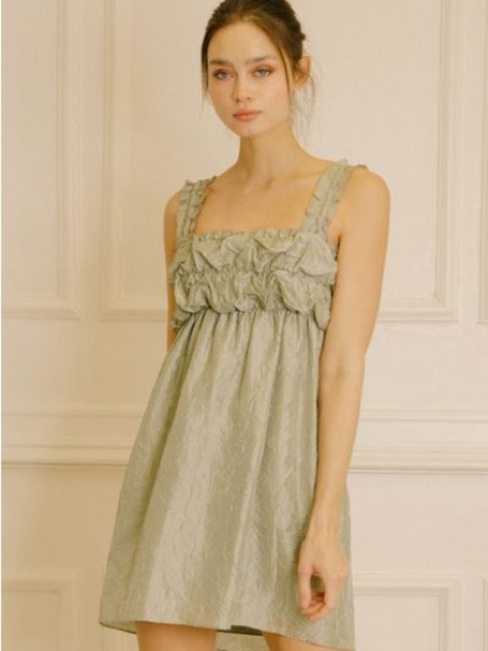 Storia Sage Green Ruffle-Trim Square Neck Mini Dress